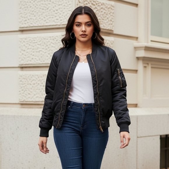 Women's Black Bomber Jacket with Orange Lining - Picture 6 of 14